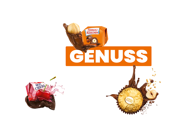 Header mit verschiedenen Ferrero Pralinen - Ferrero Küsschen, Mon Chéri und Ferrero Rocher - in einer dynamischen Komposition mit fließender Schokolade und der Headline 'ALDI GENUSS MOMENTE'