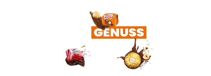Header mit verschiedenen Ferrero Pralinen - Ferrero Küsschen, Mon Chéri und Ferrero Rocher - in einer dynamischen Komposition mit fließender Schokolade und der Headline 'ALDI GENUSS MOMENTE'