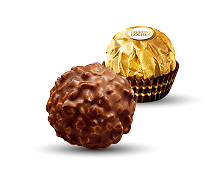 Ein Ferrero Rocher ohne Verpackung und ein Ferrero Rocher mit Verpackung im Hintergrund